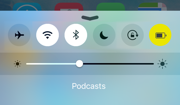 Mockup: Low Power Mode button in Control Center.
Low Power Mode is one of my favourite features of iOS 9. So useful, I want to toggle it every time I leave the house. Or have it automatically enable at 50% battery. No need to ask, I’ll always say...