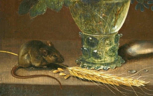art-nimals:Art Detail: Clara Peeters (1584 - 1657), A Still Life Of Flowers With A Field Mouse, oil 
