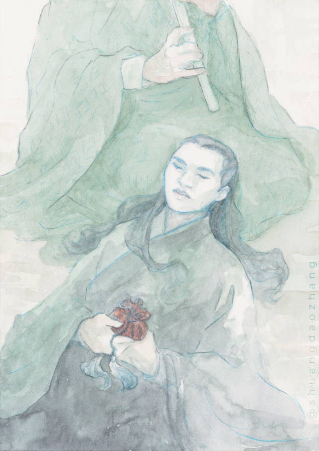 Watercolour illustration of Song Lan with his head in Lan Xichen's lap, eyes closed, holding the spirit pouch as LXC plays Liebing.