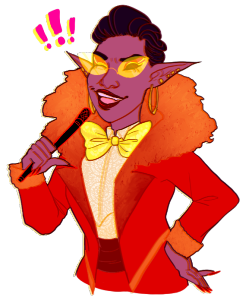soledadcatalina:[ID: A waist up image of vogue elf Lydia from The Adventure Zone. She is a purple sk