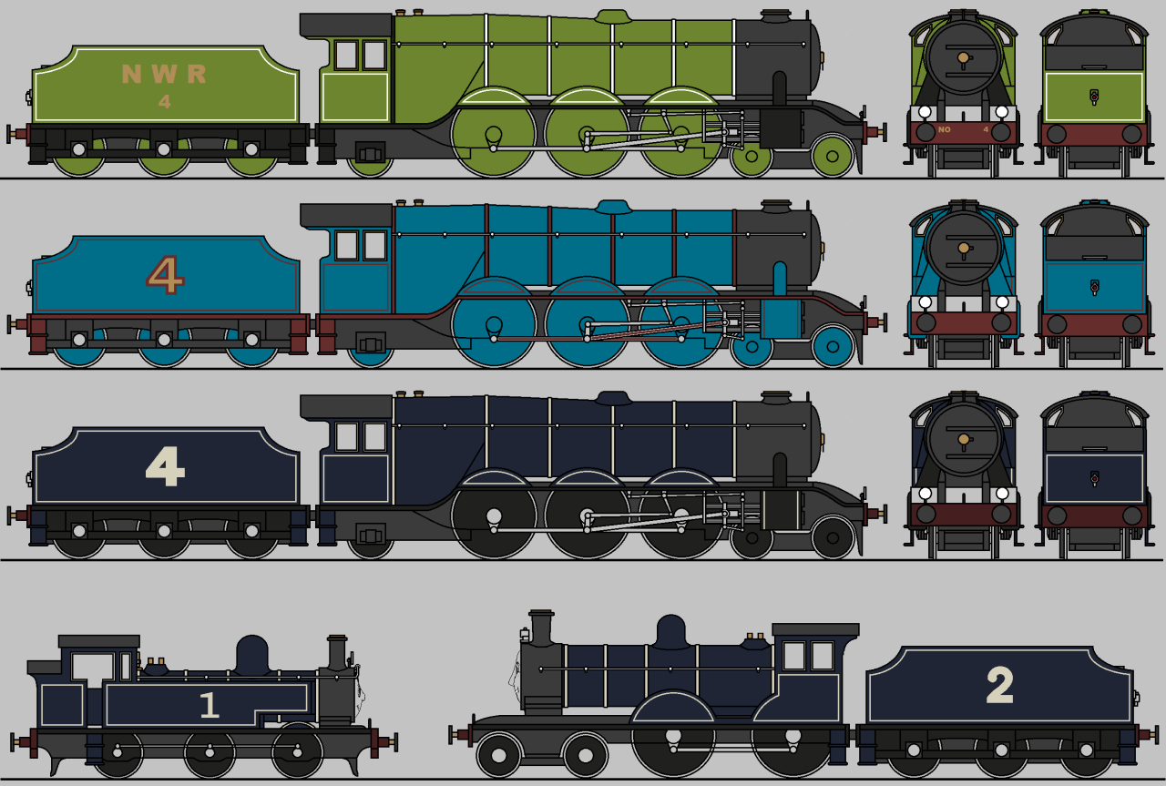 Gordon is progressing nicely, in LNER Apple Green, NWR Express Passenger Blue, and BR Express Passenger Blue. Thomas and Edward for scale/fun. #nwr#ttte#rws#ttte thomas#ttte edward#ttte gordon #the railway series #a1 pacific#a0 pacific#lner #north western railway #ttte fanart#gordon #gordon the big engine  #island of sodor #sodor