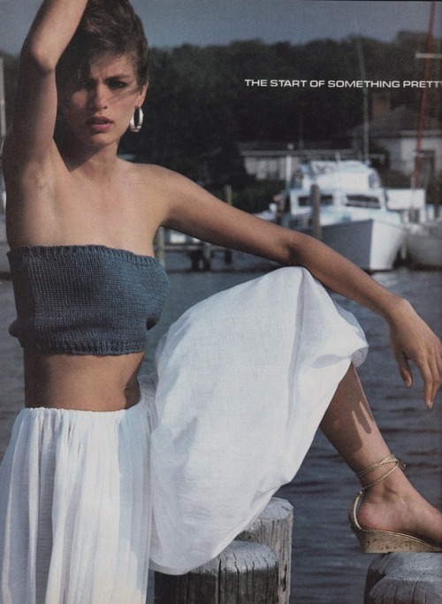 Gia Carangi wearing Perry Ellis bandeau ($80) & shorts ($170)Vogue US, November 1980Photographed