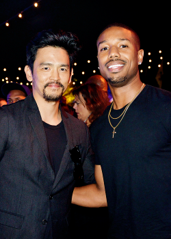 celebritiesofcolor:  John Cho and Michael B. Jordan attend the after party for the Los Angeles premiere of “Dope” in partnership with the Los Angeles Film Festival at Regal Cinemas L.A. Live on June 8, 2015 in Los Angeles, California. 