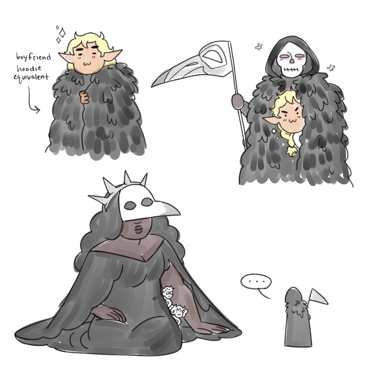 herbgerblin:[id: three doodles. Top left is Taako, an elven man wearing a dark, feathered cloak. There are sparkles near his head and a caption pointing to him that reads,” boyfriend hoodie equivalent.” Top right shows Kravitz, the grim reaper, in