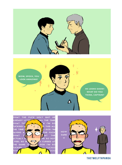 neetols:AOS but Spock Prime teaches his younger version how to put on his iconic killer eyeshadow.