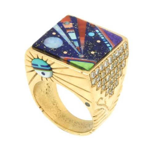 allaboutrings:14k Gold Ring Set with Diamonds and Inlaid with Lapis Lazuli, Coral, Opal, Turquoise, 