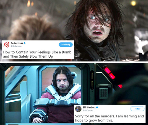 livebloggingmydescentintomadness:Bucky Barnes tweet meme, part two (part one)