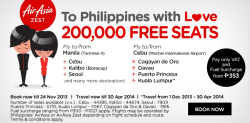 pinoy-culture:  ATTENTION!TOO ALL THOSE WHO WANT TO GO VOLUNTEER &amp; HELP THOSE EFFECTED IN THE PHILIPPINES! AirAsia Zest is giving free seats to volunteers from Nov. 11 - 24, 2013. The campaign titled “To Philippines With Love”, started on Tuesday