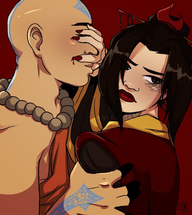 Digital art of Azula and Aang from Avatar. Both are drawn to be older, with Aang holding on to Azula's shoulders as he attempts to kiss her, but Azula stops him by pushing his face away. Her head is tilted away as she blushes. 