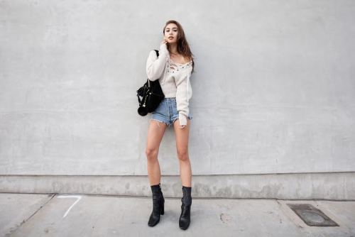 Isabel Marant Charley lace up sweater, Levi’s shorts, Zara boots