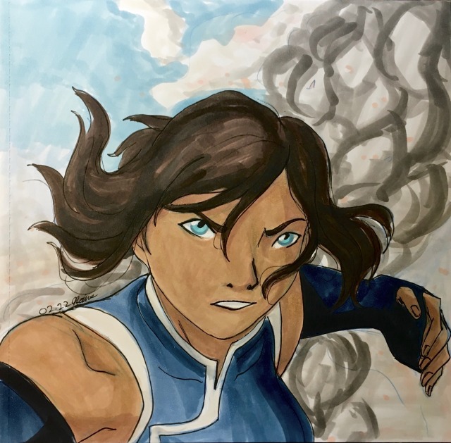 Avatar Korra glaring. Her left hand is raised behind her and plumes of smoke are behind her. her hair is short.