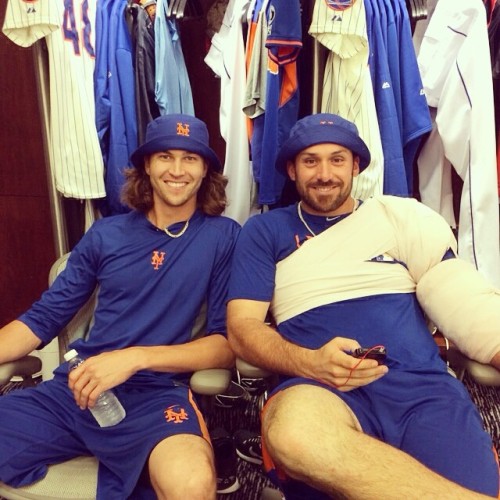 mets:Pitchers, Jacob deGrom and Dana Eveland, rock their #Mets floppy hats after the win last night!