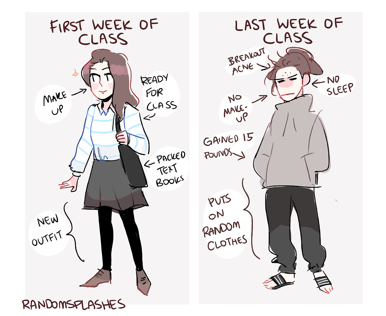 randomsplashes:  first week of class vs last week of class 
