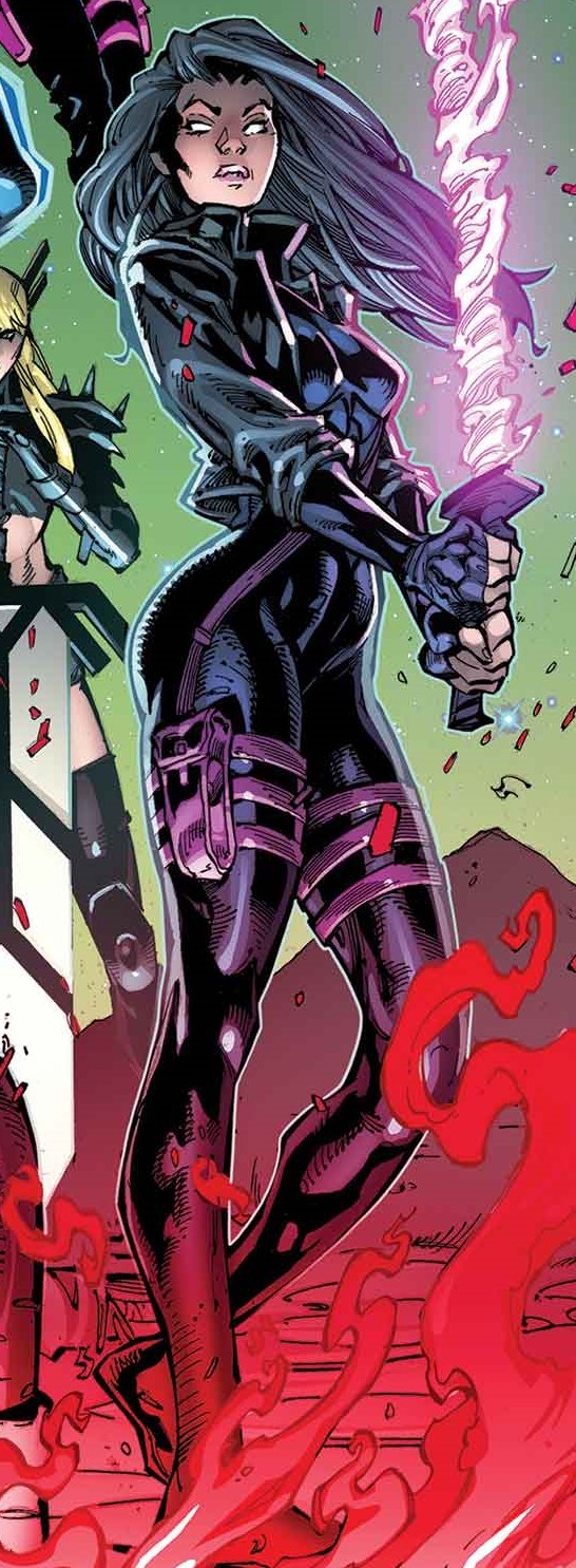 crop of X-Men vol. 7 #1 showing Psylocke in a black skintight suit holding her purple psychic blade katana, she is standing upright but her butt is thrust out at her hips and her crotch is offset to her body so she looks kind of like a centaur in order to make her look like she has more of a butt, her stomach is very tiny