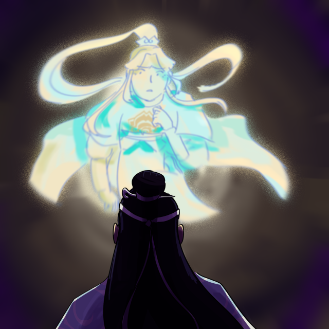 A digital drawing of Lan Wangji with his back turned from the screen, looking up at a ghostly Jin Ling. Jin Ling is floating, transparent and blurry, colored in pale blues and yellows. He looks worried, holding a hand up below his chin. He is by far the brightest part of the drawing.