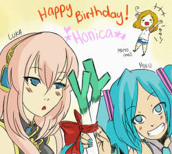  Well, here on my country your birthday has started, so, here&rsquo;s my present ^^!  For my dearest Monica, my favorite artist of a beautiful otp &lt;3        Happy Birthday!!!         -Momo.    SCREAAAAAMMMSSMSMMSAAAAAA♥ THANK YOU SO MUCH