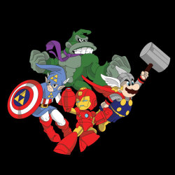 albotas:  8-BIT AVENGERS Here’s a cool little t-shirt design by artist Robert Retiano featuring classic characters that have survived the 8-bit era of gaming as Marvel’s Avengers. There’s Donkey Kong as the Incredible Hulk, Link as Captain America,