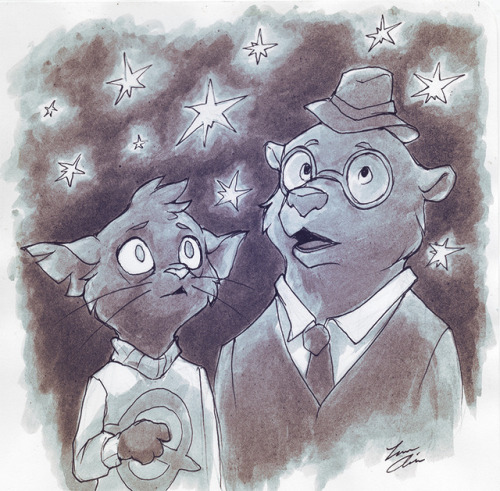 One of my drawings from Inktober that I liked and scanned.   Mae and Angus looking at the constellat