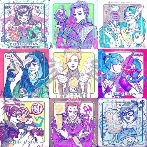 Here’s all 9 #Overwatch ladies I’ve drawn so far for my #DrinkAndDraw series! Just 3-4 more to go. (