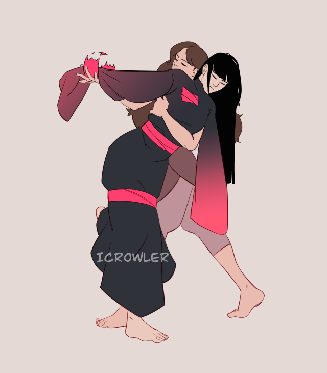 Drawing of Mai and Ty Lee from Avatar: The last airbender. Ty Lee is supporting and holding Mai in a dance. Mai seems tied up and unable to freely move. The ties break where Ty Lee touches as they, together, free Mai of her own barriers. 