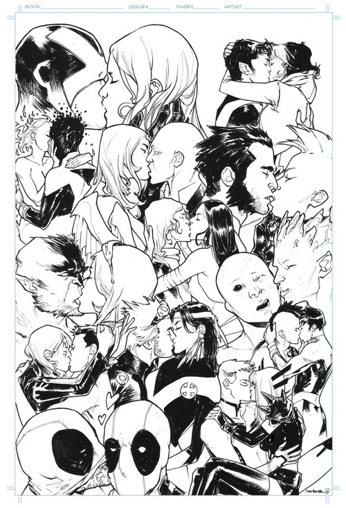 nomoremutants-com:  The x-men kissing event is happening!! -  				Tweet 			 Can you name them all Sara Pichelli  - http://goo.gl/iX52qj