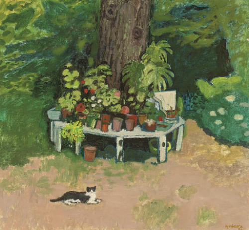 Cat in the Garden    -    Alberto Morrocco  1988British  1917-1998 oil on board ,  28 x 30 in. (71.1