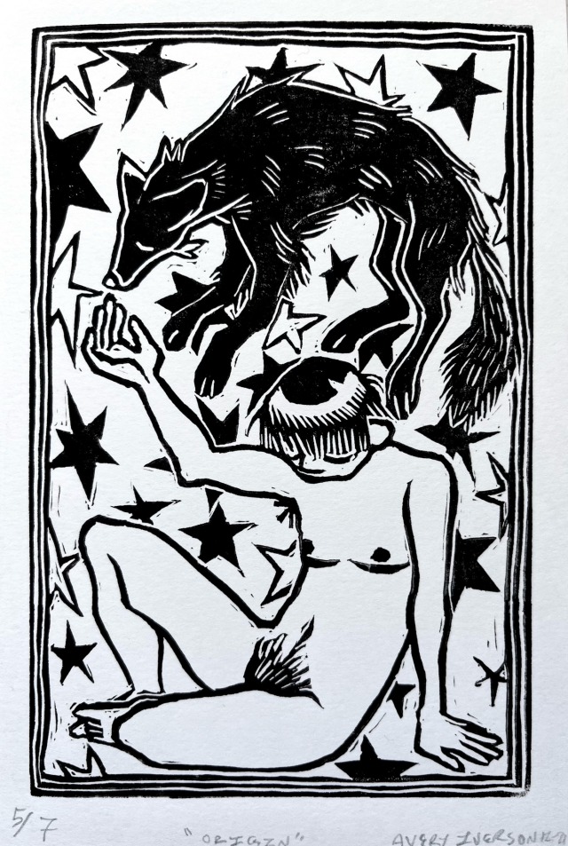 a black and white linoblock print depicting a nude figure with top surgery scars sitting below an image of a wolf. both the wolf and the figure appear solemn, their heads lowered. the figure is leaning their weight to one side with an arm casually raised towards the wolf. there is a background of stars.