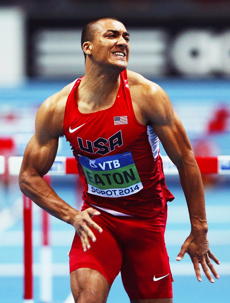 Ashton Eaton competing in the Heptathlon 60mH at the World Indoor Championships 2014, in Sopot.