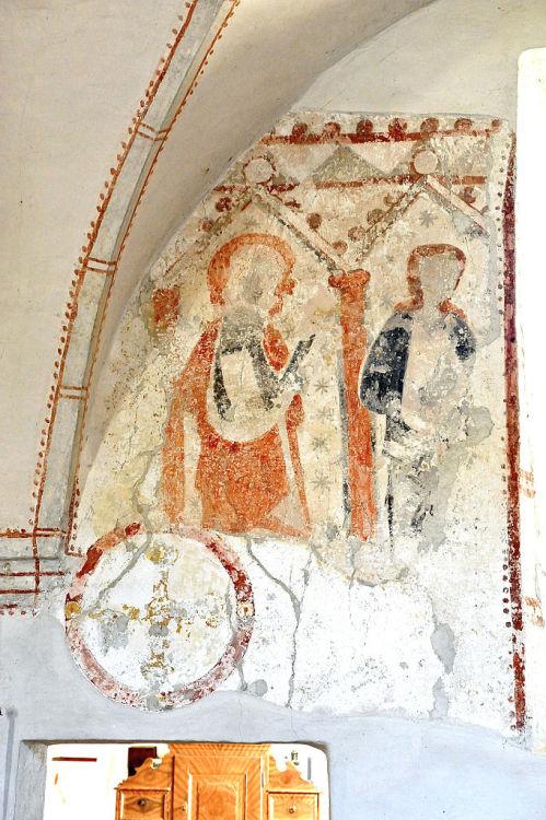 Romanesque fresco in the Gablern Kirche, Carinthia, Austria. Romanesque art period ended around the 