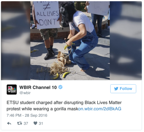 the-movemnt:Student in gorilla mask harasses Black Lives Matter protesters at East Tennessee State U