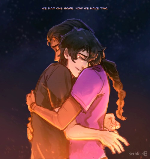 sethkiel:Reyna grabbed Nico’s hand and pulled him gently into the firelight.‘We had one home,’ she