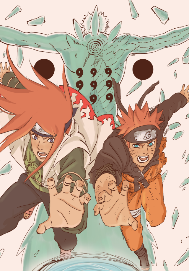 a manga recolour of naruto volume 67. kushina and naruto are forming a rasengan in front of them, they both have their mouths open with an angry look on their face. naruto’s hair is red and kushina is wearing the 4th hokage’s clothes juubi obito is behind them, his back is facing them and he has his arms out around him. there are pieces breaking around them. 