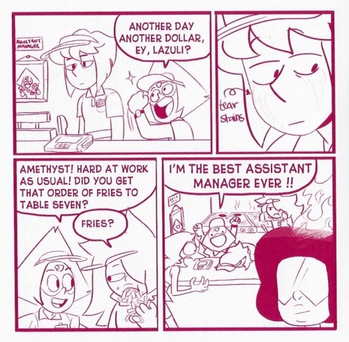 rockonandstuff:  as-warm-as-choco:  A FAST FOOD AU by Lauren Zuke and Mira W. (from their SDCC 2016 zine) ( Restaurant Wars last night made me think the Crystal Gems running a restaurant could be a good idea. Now I don’t know after seeing this :P )