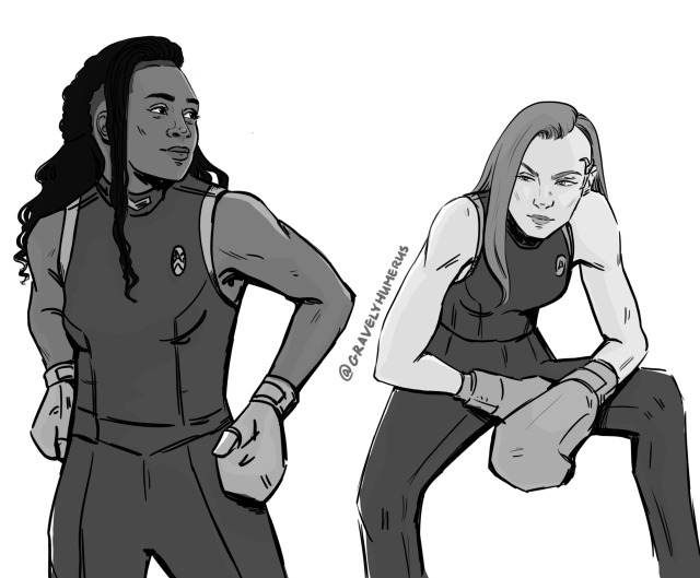 Digital greyscale drawing of Joann Owosekun and Keyla Detmer from Star Trek: Discovery. Both are wearing athletic uniforms and boxing gloves. 