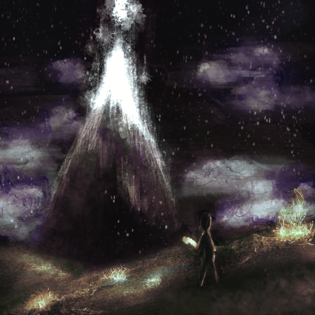 digital painting of a mountain with a small figure looking at it