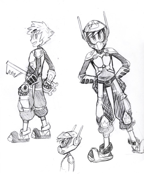 theniftyfox:  Here’s some sketches of Sora in my style, I made up a big hero 6 outfit for him! I picture him in a segment where he’s flying around on Baymax fighting heartless a la the magic carpet in KH 2  This was a request done for @g3latinous​!