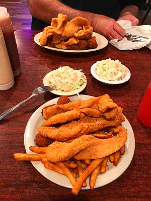 How do you keep a Moose happy?  Cajun fried catfish with all the trimmings at Crawdaddy’s