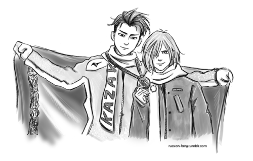 russian-fairy:A little Olympic sketch in black and white because my monitor is broken and shows everything in neon yellow to thank you guys for a new follower milestone! And because I think Yuri would definitely be extra proud of Otabek’s medal :)