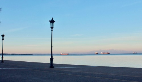 Early morning in Thessaloniki coastline with Mount Athos view. 