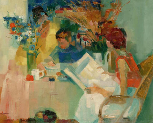 La Lecture ,  Reading  -    Paul Collomb French,  1921-2010 Oil on canvas, 48 x 60 cm.