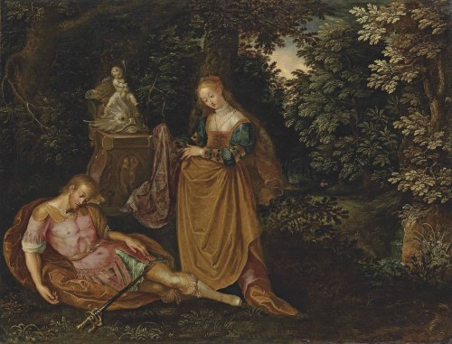 Pyramus and Thisbe in a Wooded Landscape, attributed to Frans Francken IFlemish, 16th or 17th centur