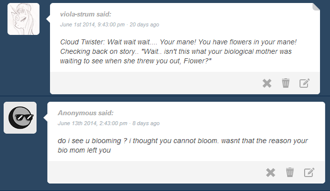 askflowertheplantponi:  Flower: Gonna tell my mom!  ((not her bio mother btw)) 
