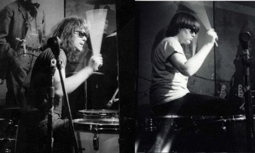 theunderestimator-2:A split screen of Tommy Ramone & Miriam Linna pounding on their drums on the