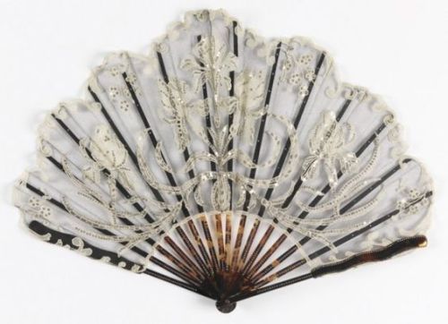 Folding Fan - Leaf Of Silk Net With Applied Lace And Steel Spangles, Sticks Of Tortoiseshell Embedde