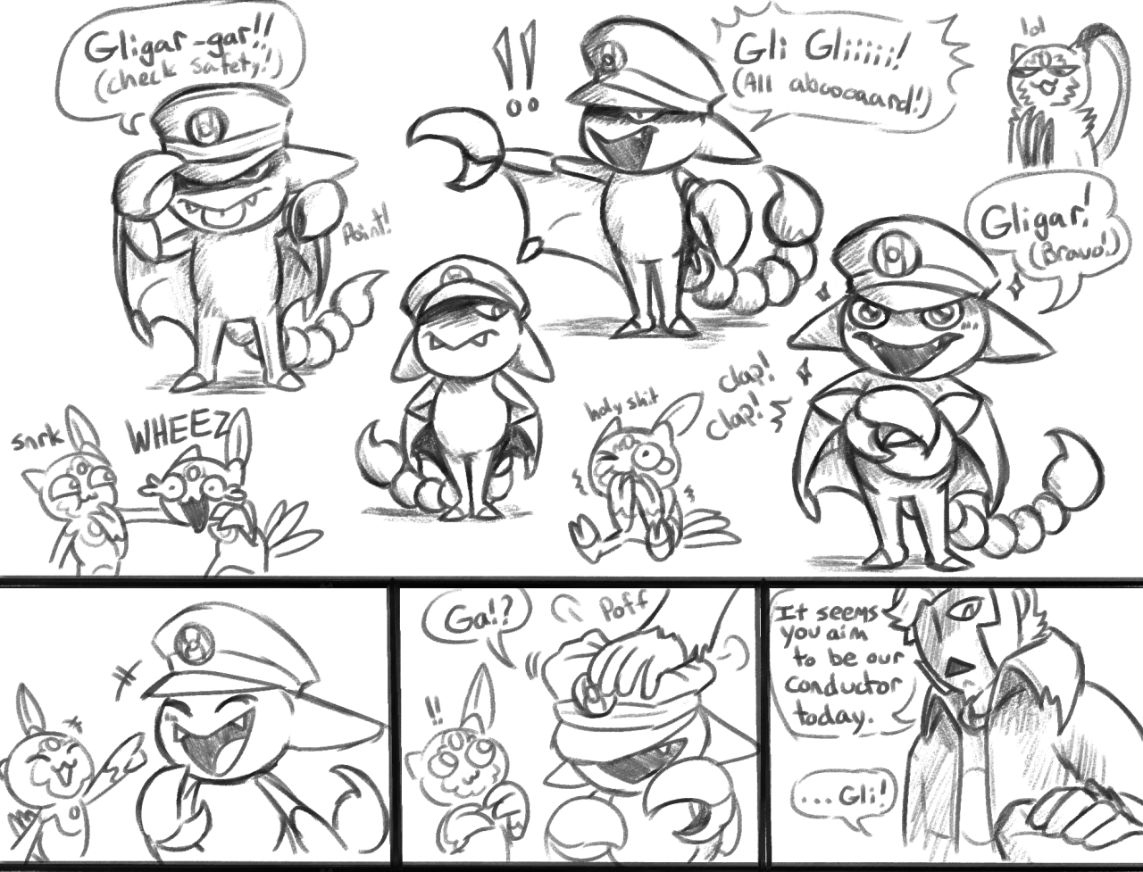 I was drawing gligar and ended up giving it Ingo’s hat. i couldnt resist continuing further and having it do Ingo impressions for the sneaslets (much to Ingo’s amusement)  #submas #subway boss ingo #gligar#pla #pokemon legends arceus  #alternatively gligar may have used the move round instead- thereby making it stronger by shouting alongside ingo  #i think ingos loudest voice should count as an attack if he wants it to  #(i love drawing hair so most often i wont draw ingo bald- but god please forgive his ratsnest hair)  #(he lives in the wilderness and wears a hat constantly of course its a mess)  #gligar is doing its very best to frown but gosh its hard