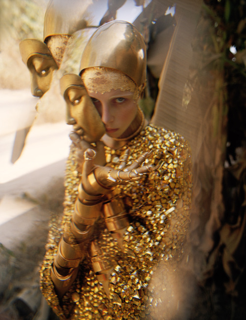 “Gilt Trip” A fantastical fashion-filled pilgrimage to the golden land of Burmaby  W magazine Photography: Tim WalkerModel: Edie CampbellStyle: Jacob KHairstyle: Christiaan HoutenbosMakeup: Sam Bryant