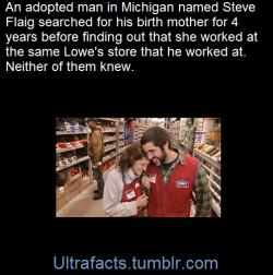 1017sosa300:  ultrafacts:  For years, Steve Flaig, a delivery-truck driver at a Lowe’s store here, had searched for his birth mother. He found her working the cash register at the front of the store.For several months, he and Christine Tallady had known