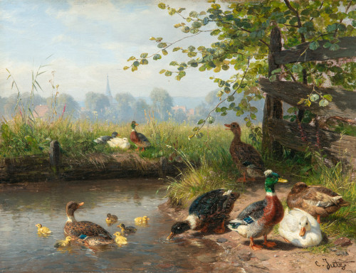 Carl Jutz (1838 - 1916) - Ducks on the Stream. Oil on wood.