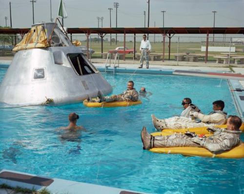 historical-nonfiction:  Crew members of the Apollo 1 rehearsing their water landing, in 1966 