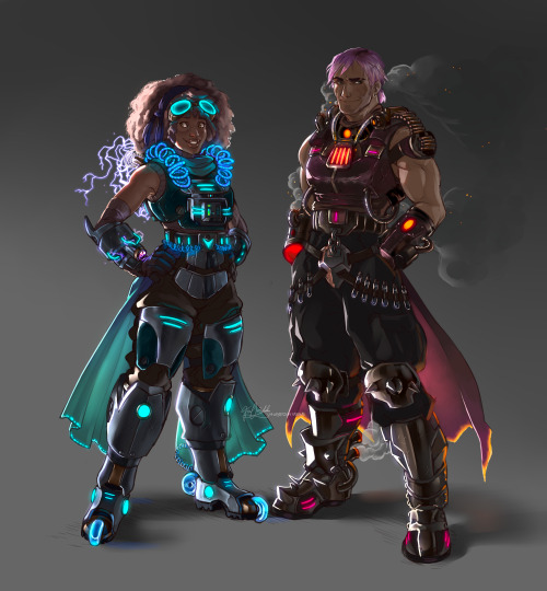 hubedihubbe:I’m so excited to share these designs of god knows what, tech/elemental/knight/space/dieselpunk armor?? The premise is that these two control electricity and fire, and they have funky powersuits that helps them channel their powers. They